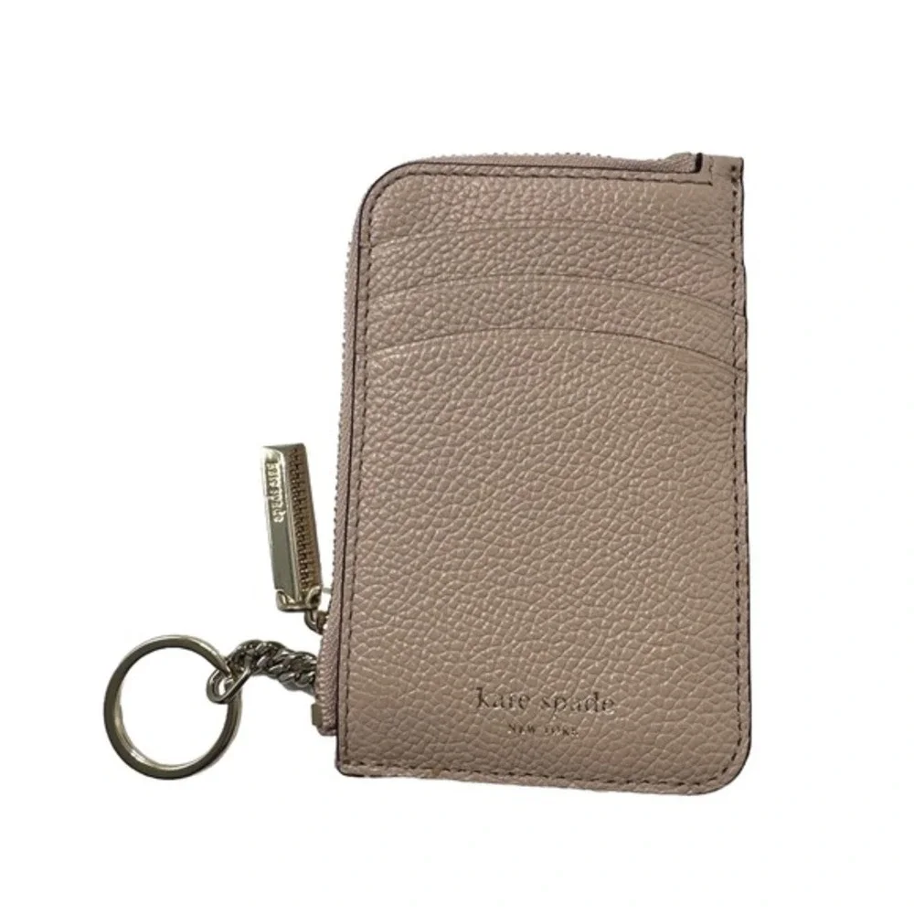Kate Spade New York Pebbled Leather Zip Card Holder Key‎ Ring Taupe Mauve 11-11